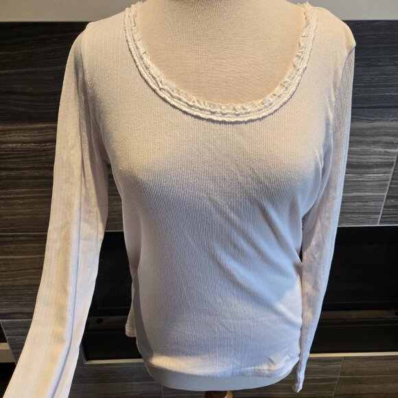 Sandwich XL White Ribbed Long Sleeve Top Scoop Neck Frill Trim Layering Tee - Picture 1 of 3